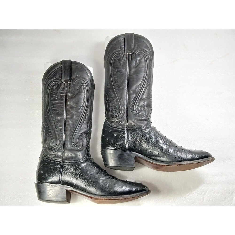 Vintage Handcrafted Black Ostrich Print Leather Cowboy Boots Men’s 8.5 D Mexico